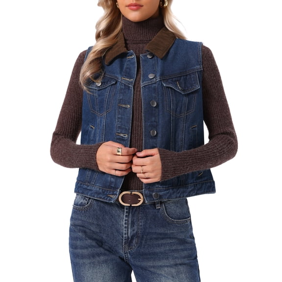 INSPIRE CHIC Denim Vest for Women Corduroy Collar Button Down Casual Sleeveless Jean Jacket XS Dark Blue
