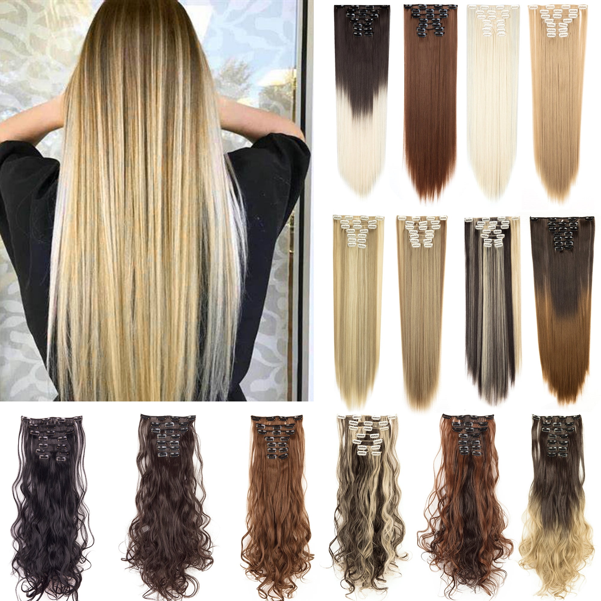 SHCKE Clip in Extensions 26 Inch Straight Synthetic Hair Extensions Ginger Brown Mix Double Weft Hair Extensions Hairpiece for Women - Walmart.com