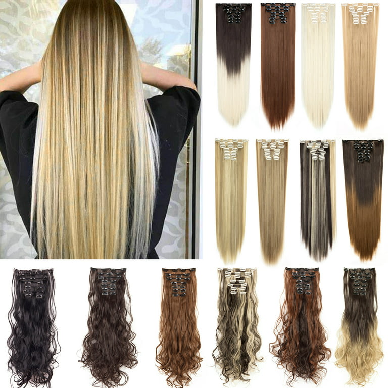 SHCKE 8Pcs Clip in Hair Extensions 26 Inch Straight Synthetic Hair  Extensions Silver Grey Double Weft Hair Extensions Hairpiece for Women