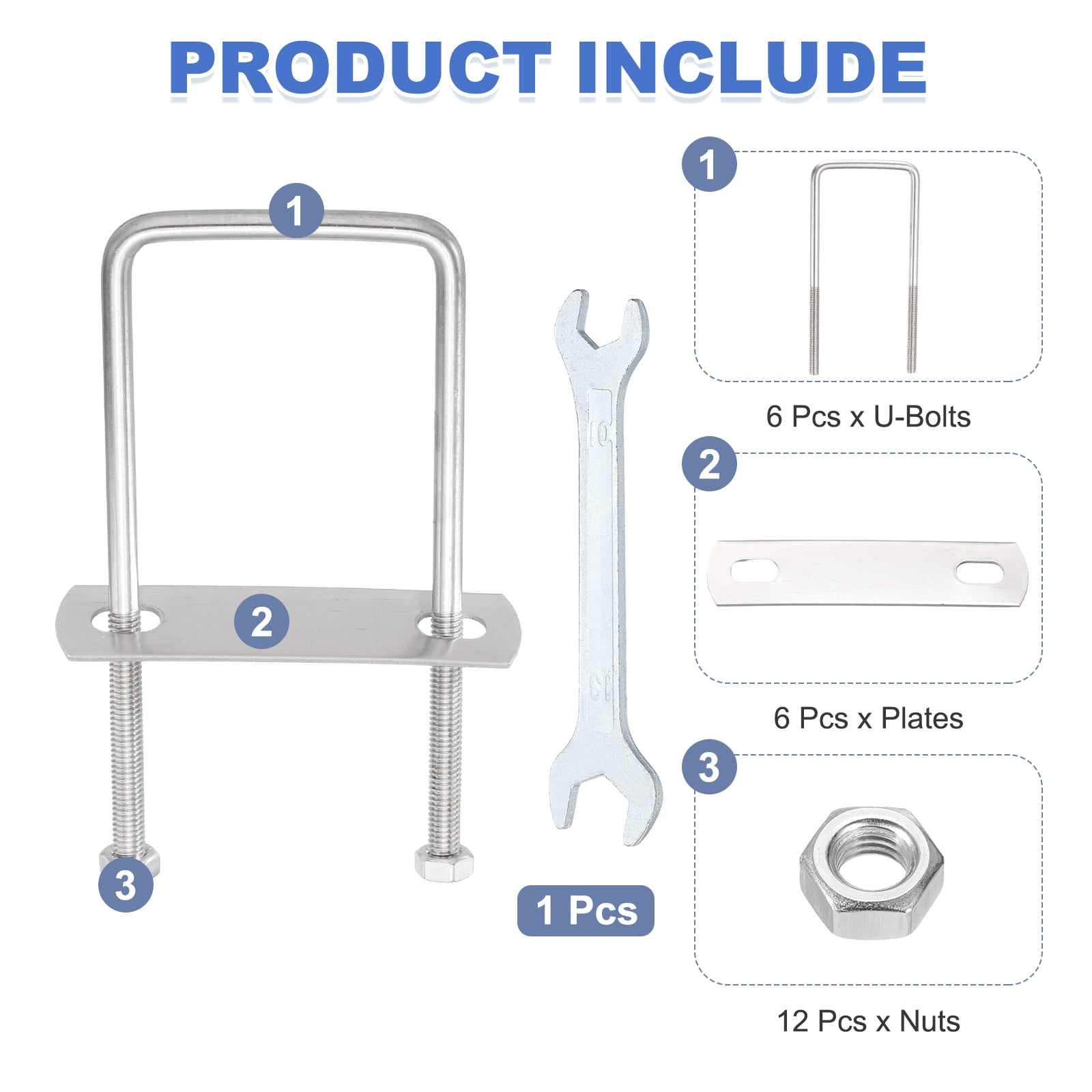 Uxcell 6 Sets M6 Square U-Bolts, 2.01" Inner Width 4.72" Length 304 Stainless Steel U Clamp Bolts with Nuts, Plates and Wrench