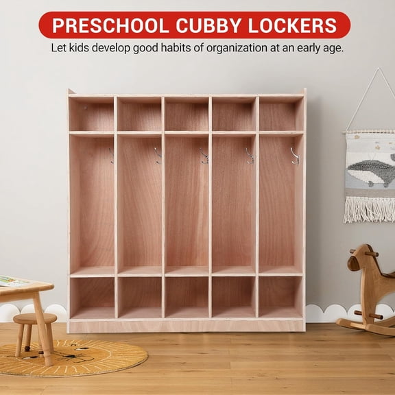Acekid 5-Section Classroom Coat Locker with 10 Cubbies, 4 Casters & Storage Boxes for School