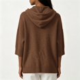 thumbnail image 4 of Pullover Sweaters for Women Hooded Side Slit Ribbed 3/4 Batwing Sleeve Sweaters Soft Ribbed Knitted Drawstring Sweatshirts Trendy Sweatshirts Daily Office Work Travel Outfits, Brown L, 4 of 5