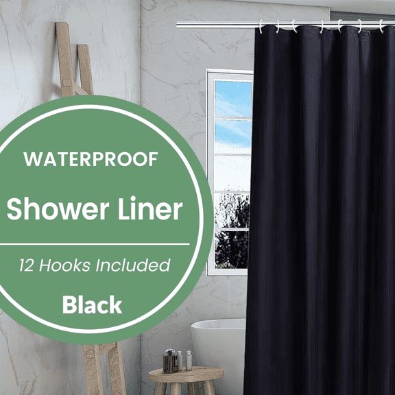 MAZBFF Black PEVA Shower Curtain Liner with 12 Hooks, 72 x 72 Inches, Waterproof, Magnetic Bottom