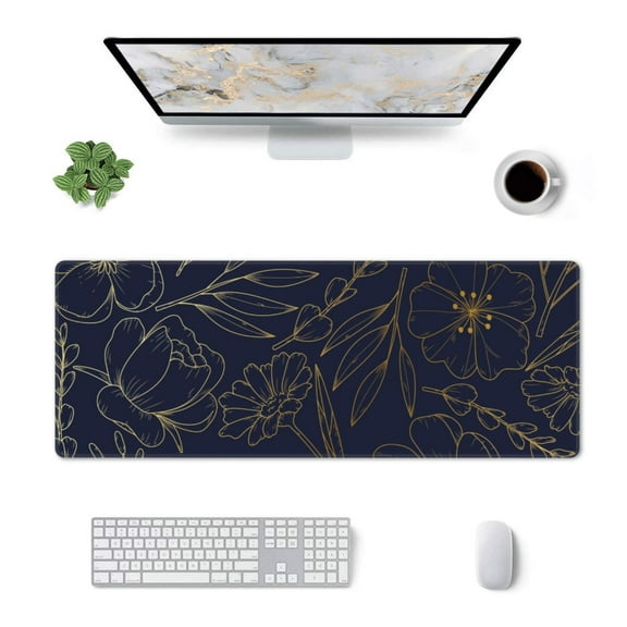 Pofeuu Copper-Gold Gloss Outline Flower Print Desk Mat for Keyboard and Mouse，Computer Desk Matt for Desktop，Large Mouse Pad for Desk，Desk Pads on Top of Desks 12x31.5in