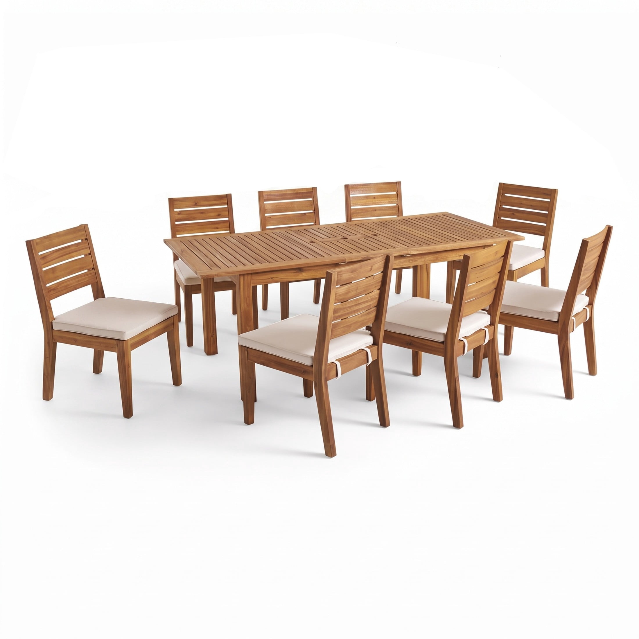 Christopher Knight Home 9-Piece Wood Outdoor Dining Set, Expandable Table and Cushioned Chairs, Natural+Beige