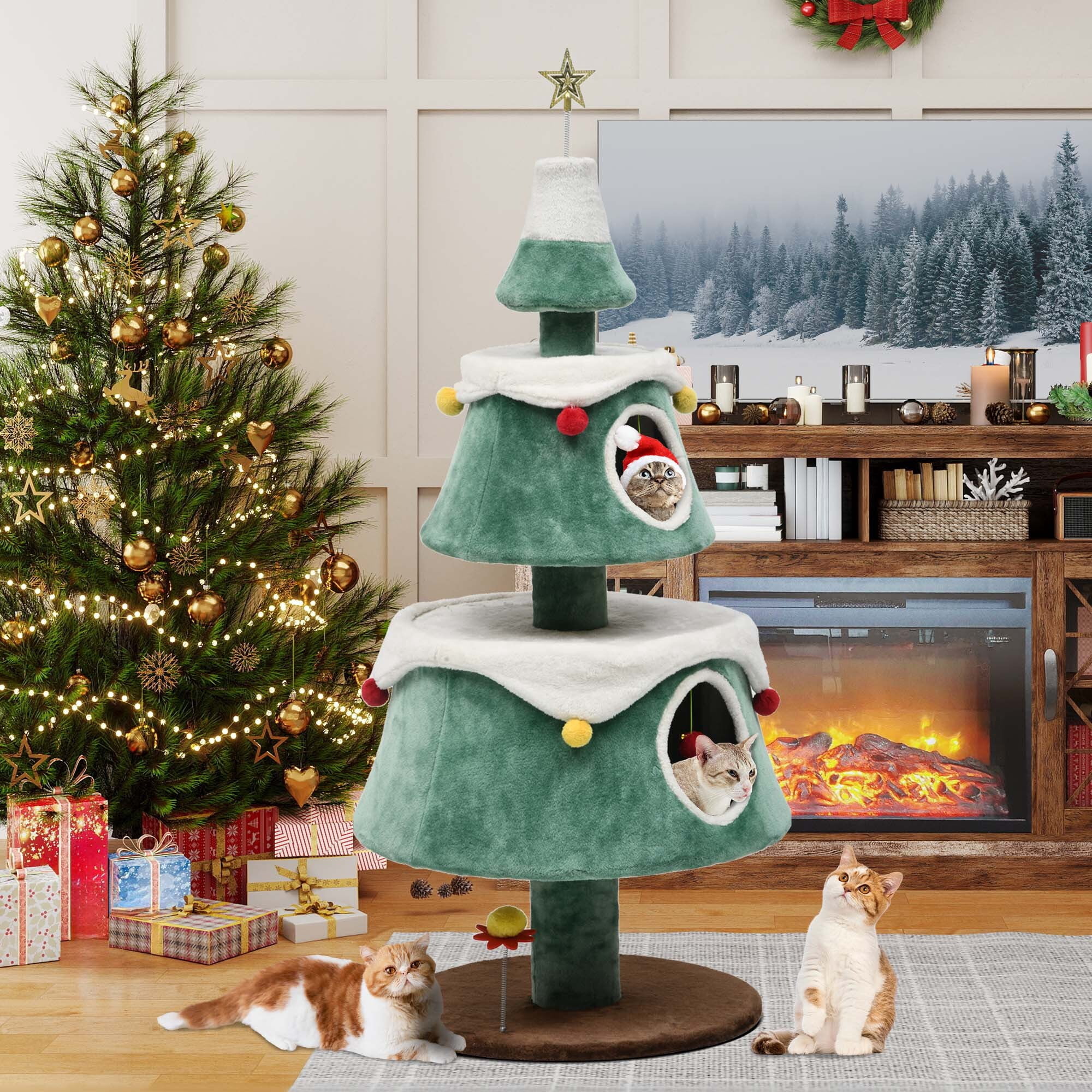 Uforic 63 Inch Festive Multi-Tier Cat Tree Tower with 2 Semi-Closed Rest Condos, Hanging Plush Interactive Toys for Small Medium Cats