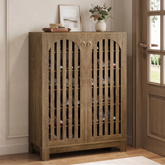 Fnova 6-Tier 24 pairs Shoe Cabinet with Louver Doors, Entryway Shoe Rack Organizer with Adjustable Shelves for Living Room, Bedroom, Natural Wood
