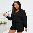 thumbnail image 3 of Womens 2 Piece Sets Hoodie Shirts with Shorts Shirred Cuff Blouse with Drawstring Shorts, 3 of 5