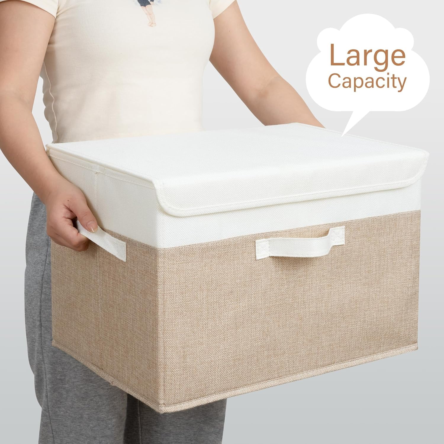 GRANNY SAYS Extra Large Storage Boxes with Lids, Decorative Storage Bins, Shelf Baskets, Clothes Storage and Organization, White/Khaki, 2-Pack