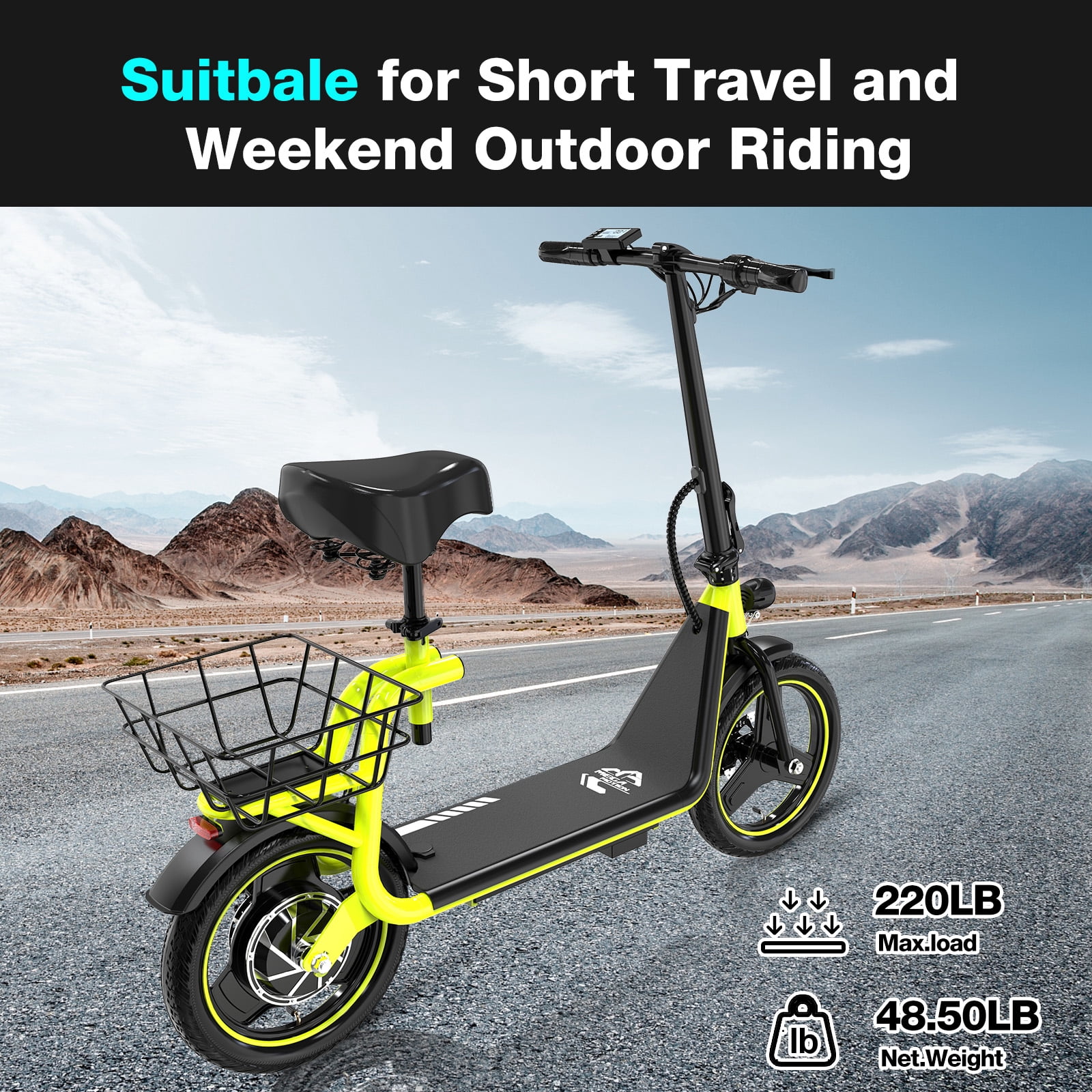 MEGA MOTION Electric Scooter Ebike, 400W Foldable Scooter with Seat 18.6MPH/7.8Ah battery, 14in Adult Electric Bicycle e scooter HS5