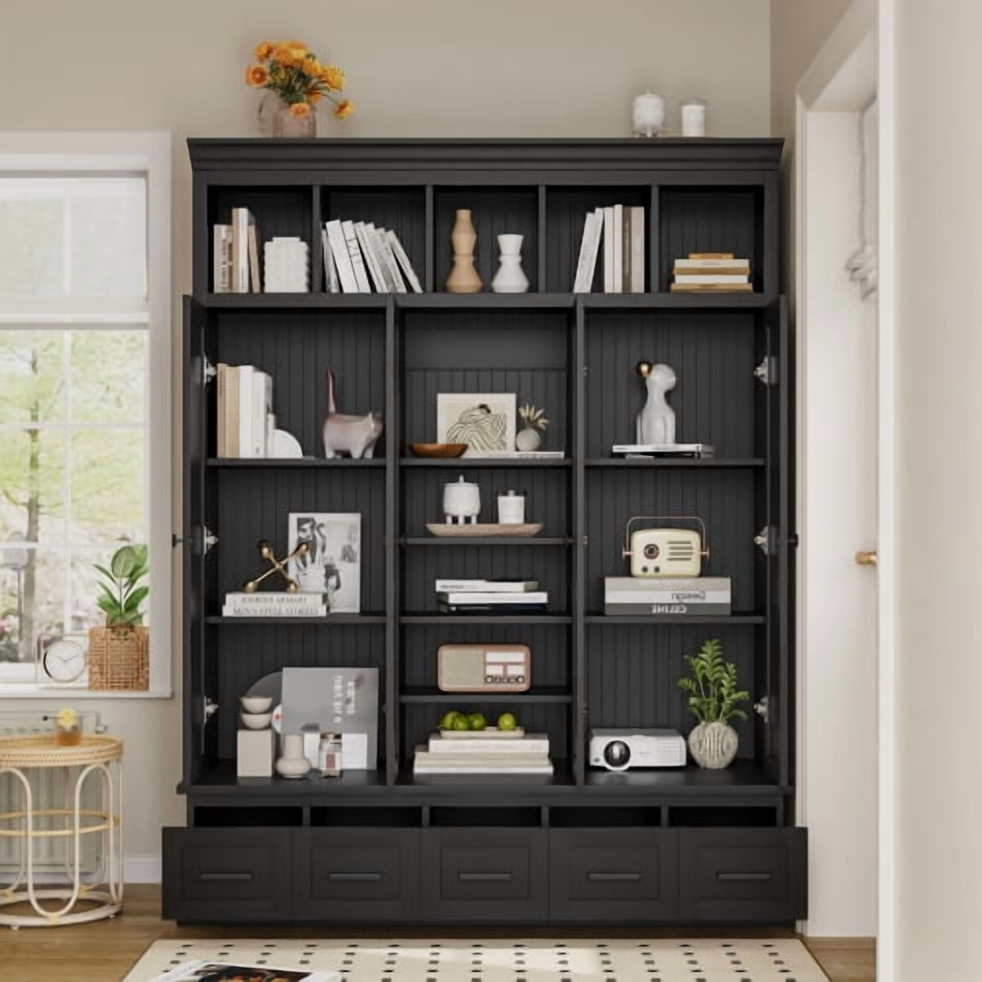 78.7" H Hall Tree with Bench and 5 Storage Cubbies, Modern Entryway Organizer Cabinet with 4 Doors, 5 Drawers, Adjustable Shelves, MDF, Metal Handles, for Hallway, Living Room, Black