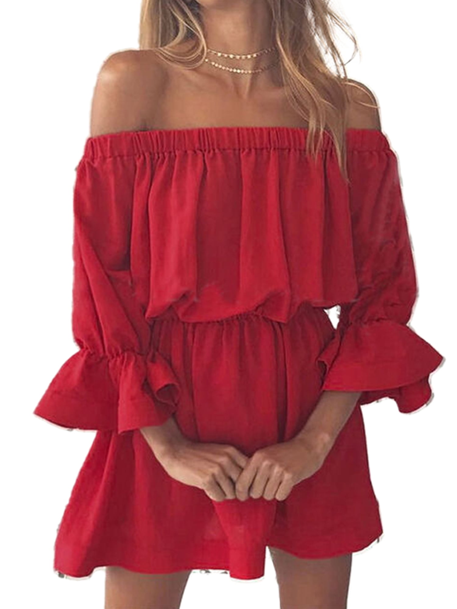 red off the shoulder ruffle dress