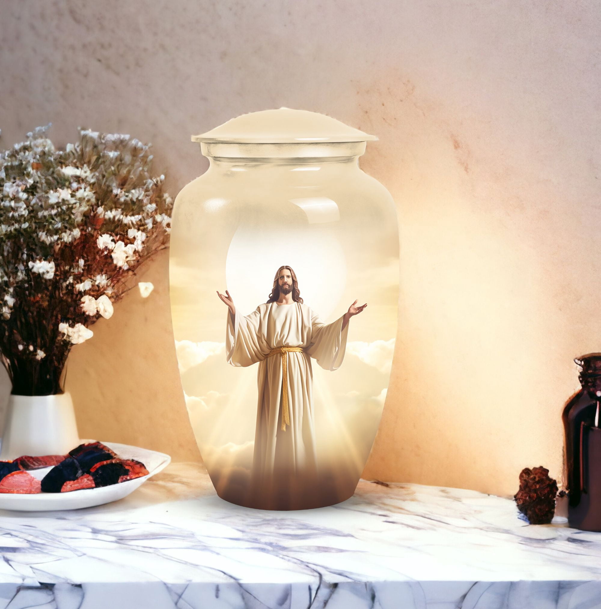 Jesus Christ Small Funeral Urns For Human Ashes Adult Female - Large Burial Urn For Ashes Adult Dad - Handcrafted Decorative Gifts For Unique Combo 10Inch 200Lbs And 3Inch Keepsake