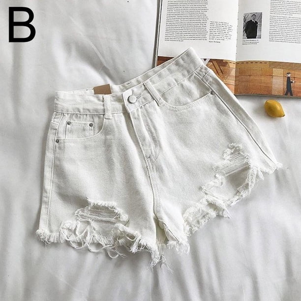 Wartleves Pantalones cortos de mezclilla rasgados sexys de verano para mujer, cintura alta, irregulares, elásticos y ajustados