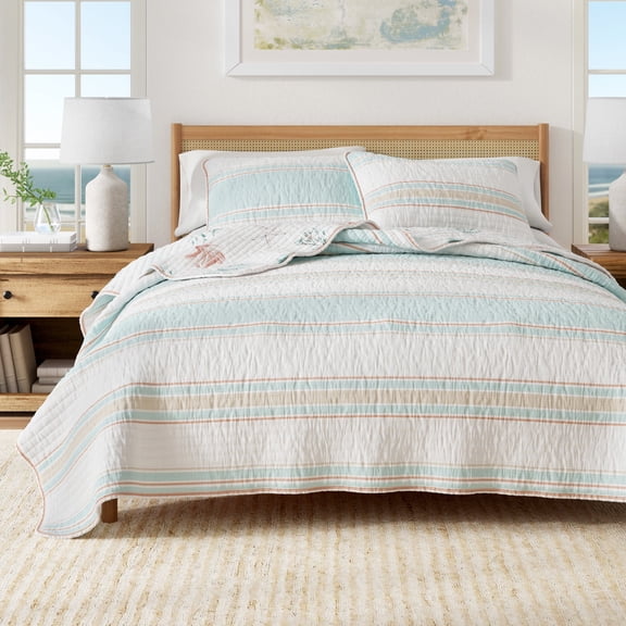Coastal Cotton Quilt Set - Lightweight, Soft, All-Season - 2-Piece Reversible Bedding Set (Twin / Twin XL, Flag Stripe / Kelp Breeze)