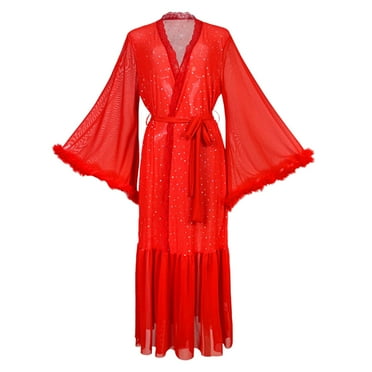 Lorytime Womens Robes Long Length Belt Fleece Nightgown V Neck Sleepwear Fashionable Loungewear Home Clothes Red M