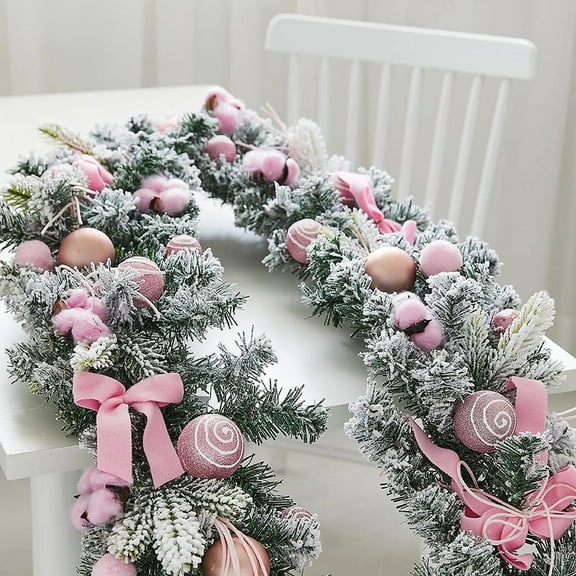 6Ft Pink Christmas Garland Flocked Faux Garland Artificial Pine Garland Soft Greenery Garland for Holiday Wedding Party Decoration, Outdoor/Indoor Use