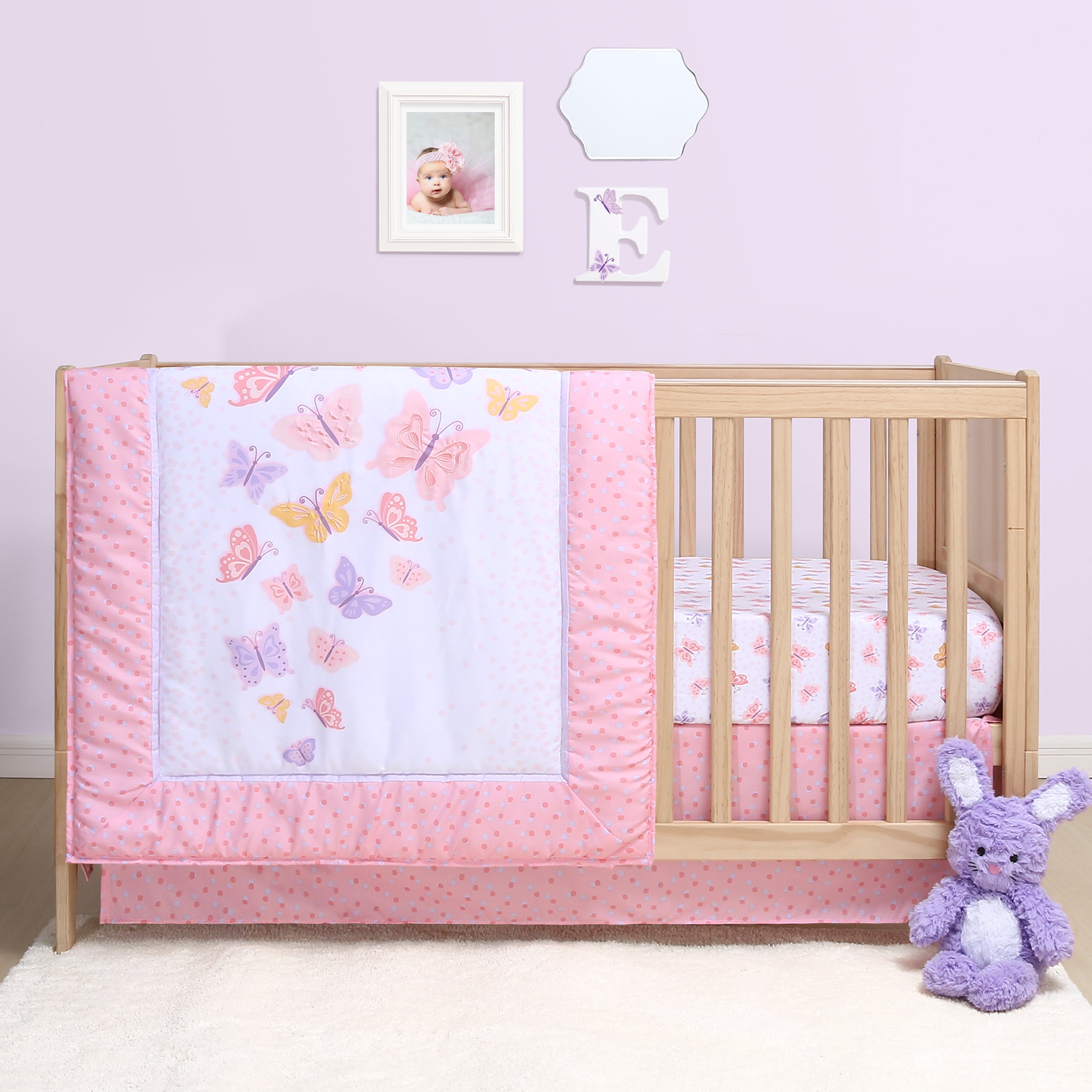 The Peanutshell, Butterfly Baby Girl Crib Bedding Set, 3pc Microfiber Pink and Lilac Walmart