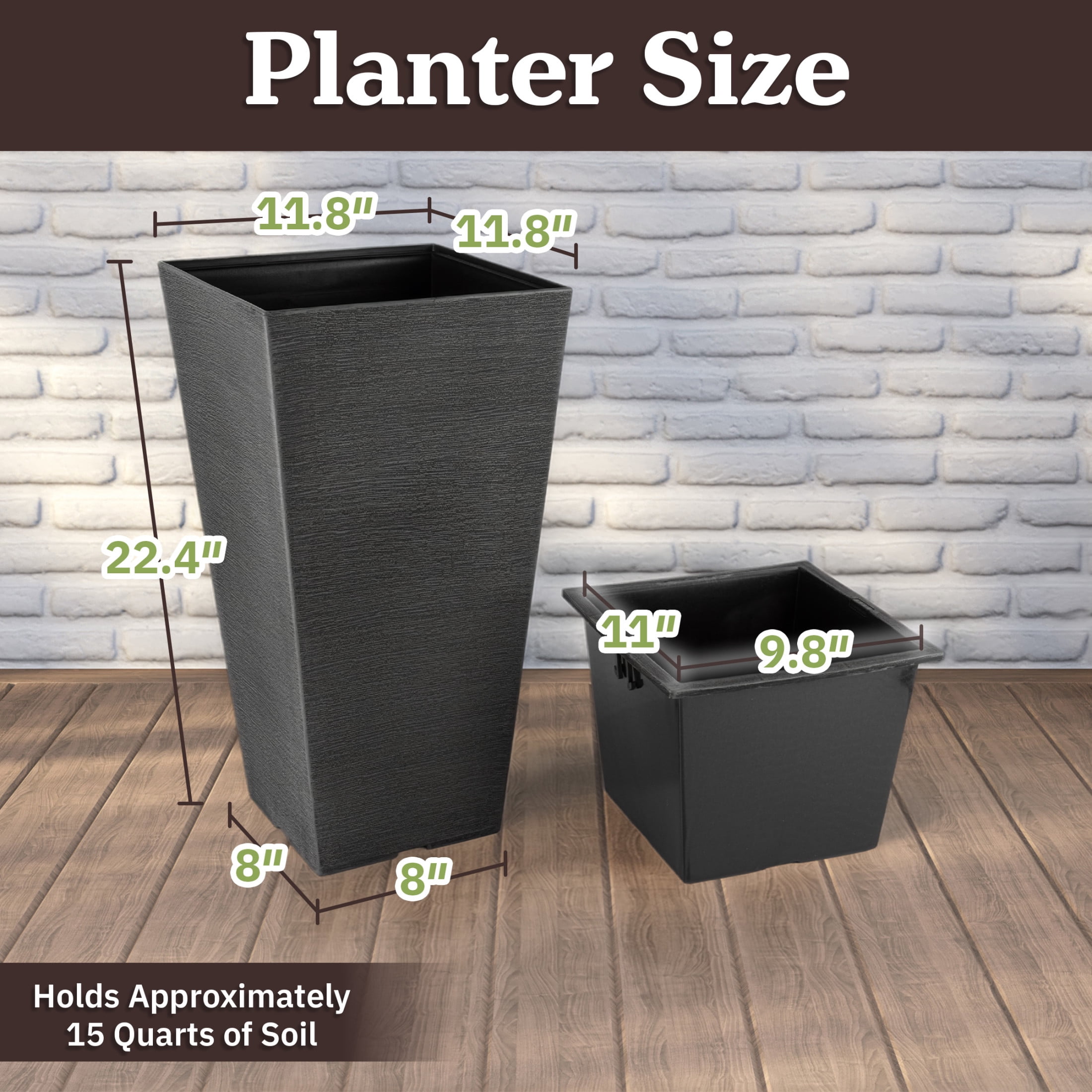 Pure Garden Large Outdoor Planters 2-Pack - 22.4” Tall Planters for Outdoor Plants or Indoors, Gray