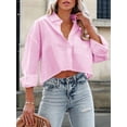 thumbnail image 4 of Womens Button Down Shirts Long Sleeve Casual Crop Tops Solid Lapel Blouse Shirt with Chest Pocket Pink M, 4 of 8