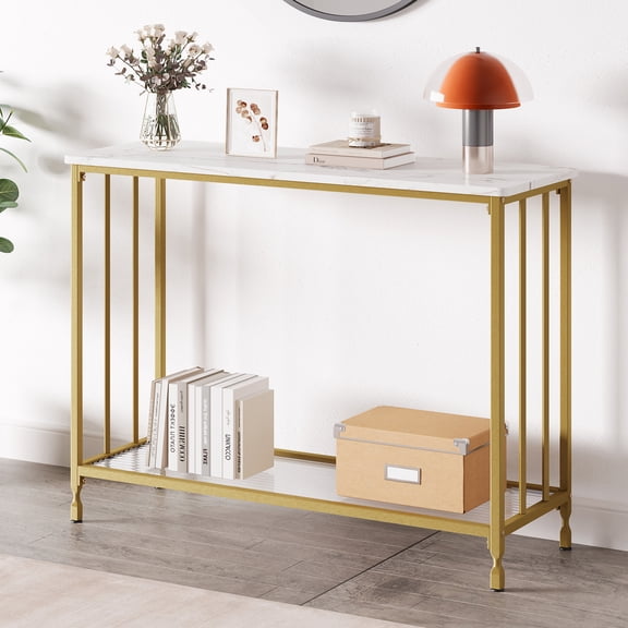 Narrow Golden Console Table, with Two-Tier Storage Shelves, Metal Frame and Wooden Top, Suitable for Hallways, Living Rooms, Bedrooms, Entryways, and Offices