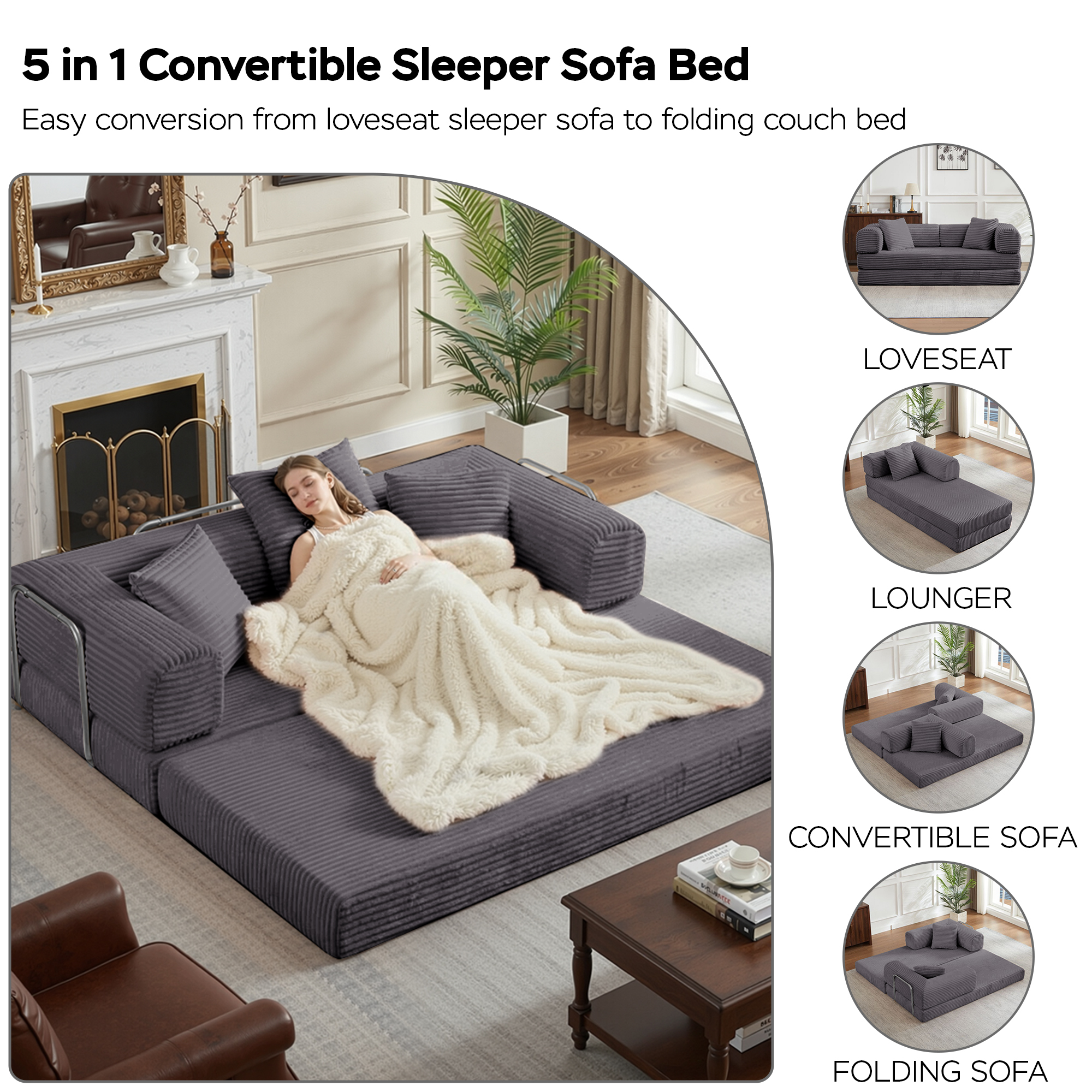 Gewnee Dark Gray 2-in-1 Convertible Corduroy Sofa Bed with High-Density Sponge No Assembly for Apartment Dorm Office