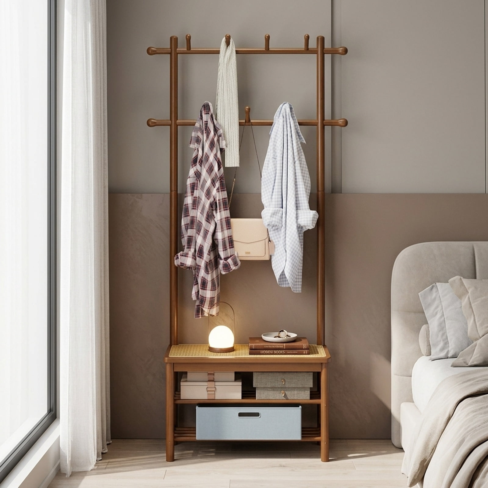 Furnibear 3 in 1 Bamboo Hall Tree Coat Rack with Bench and Shoe Storage and 11 Hooks for Entryway and Foyer and Hallway, Brown