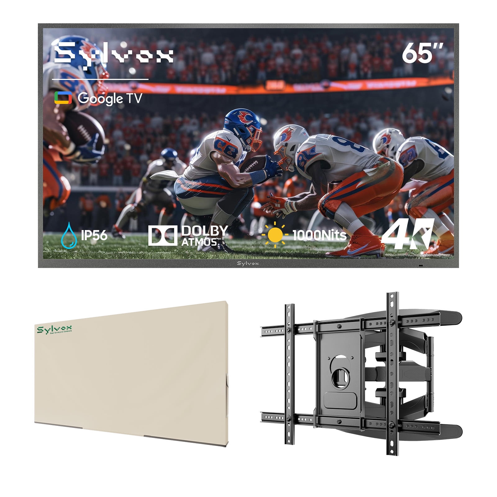 SYLVOX 65" Outdoor TV with Mount and Cover, 4K UHD Google TV for Partial Sun Outside 1000nit Brightness, IP55 Weatherproof, Dolby Atmos, Voice Remote (Deck Pro 3.0)