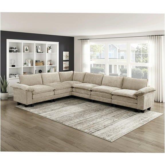 JERFIT 6-Piece Modular Sectional Sofa with Chaise, Taupe Chenille Fabric, Modern L-Shaped Couch for Large Living Room
