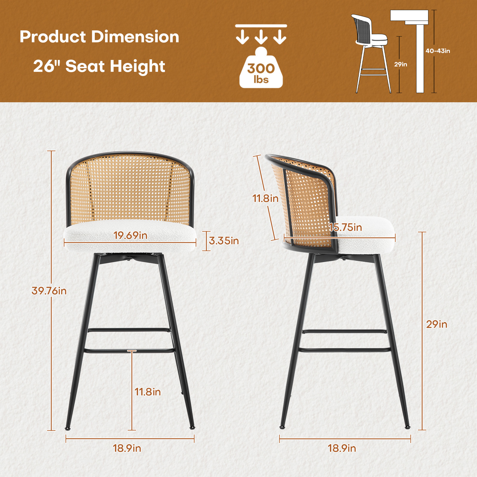 Foreate Cane Swivel Barstools Set of 2, 29" Seat Counter Height w/ Rattan Mid-Back Metal Legs, Upholstered Boucle Fabric Modern Armless Bar Stools Chairs for Kitchen Island Pub