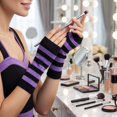 thumbnail image 4 of Unique Bargains 1 Pair Fingerless Gloves Stripes Style Knit Gloves Black, Light Purple, 4 of 5