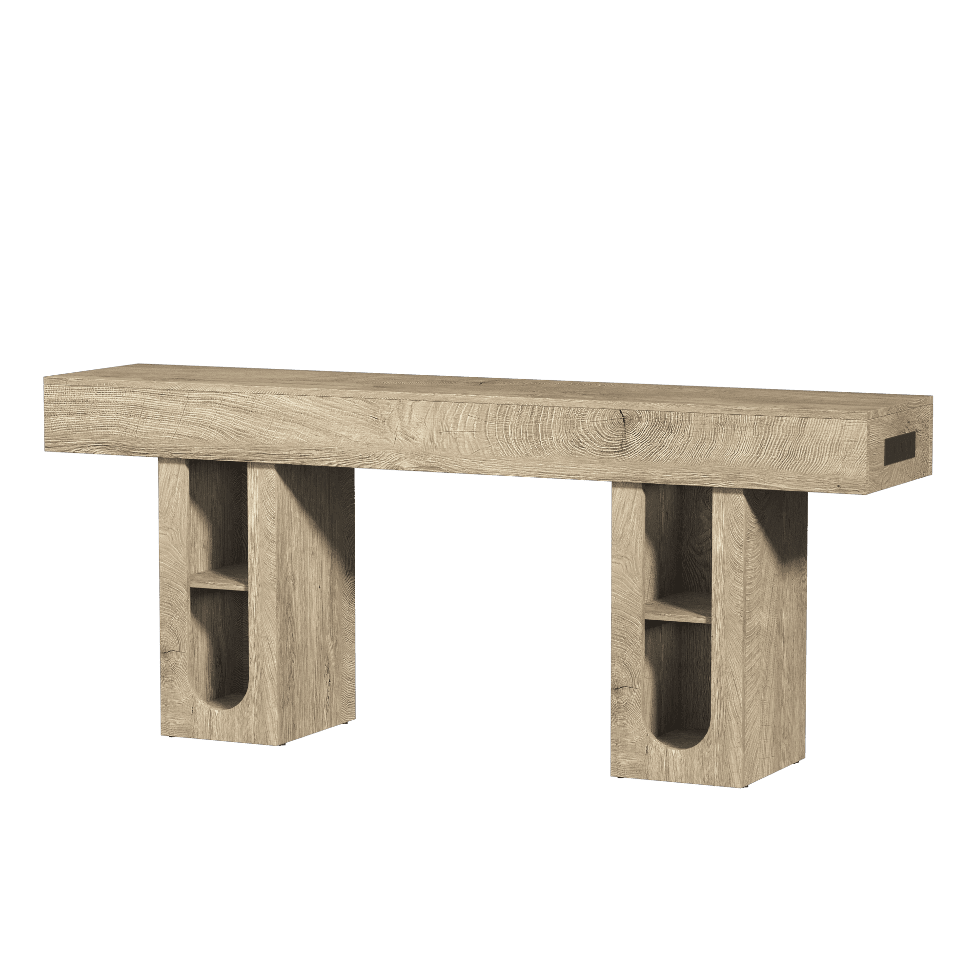 Mintazer 63" Modern U-Shaped Console Table with Charge Station, Entryway Table with Storage Shelves, Sofa Table for Entryway Hallway Living Room, Natural