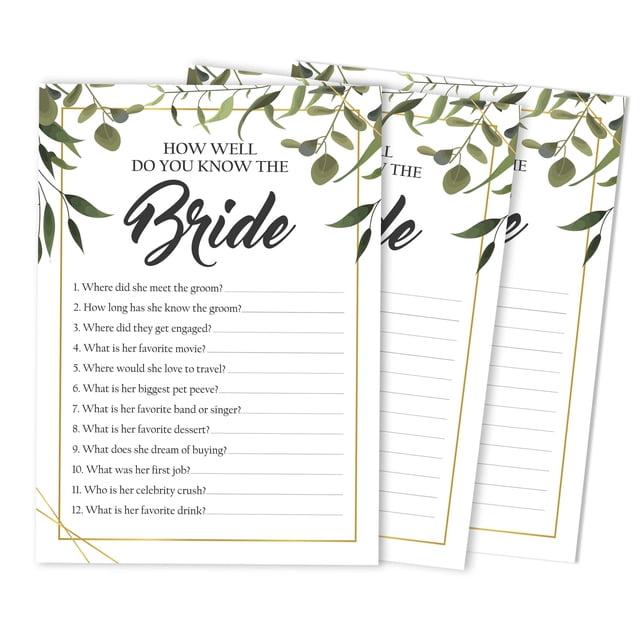 Inkdotpot 50-PackGreeneryHow Well Do You Know The Bride Bridal Shower Bachelorette PartyGameWho Know The Bride Best ActivityCards