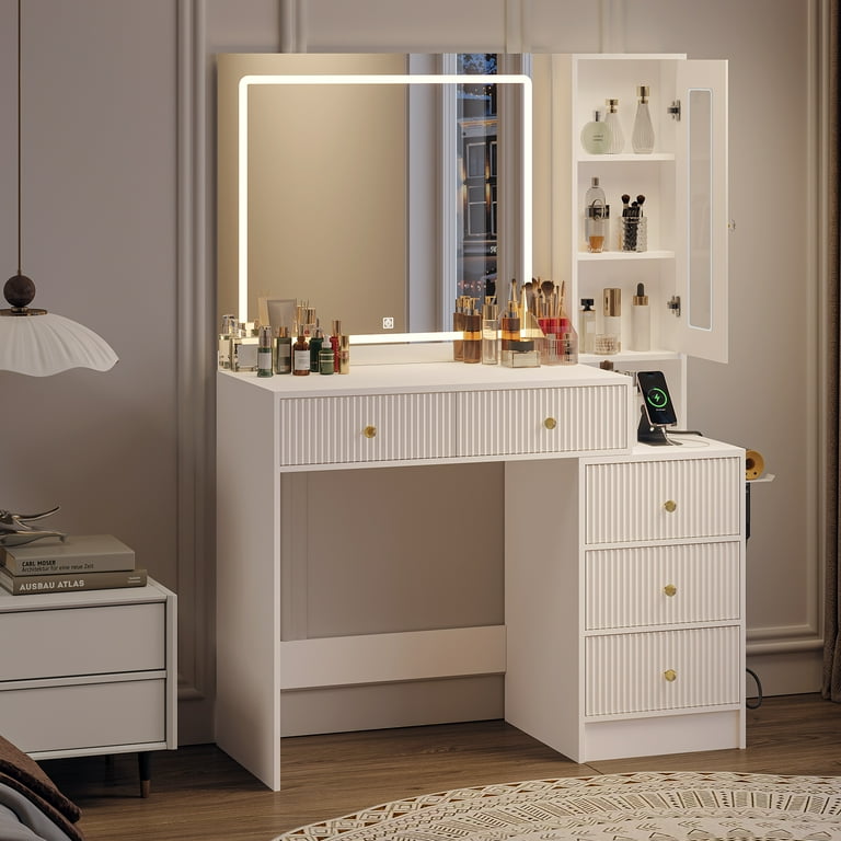 照明付き化粧台-Dressing table with lighting Vanity Desk with Mirror and Lights, 43'' White Makeup