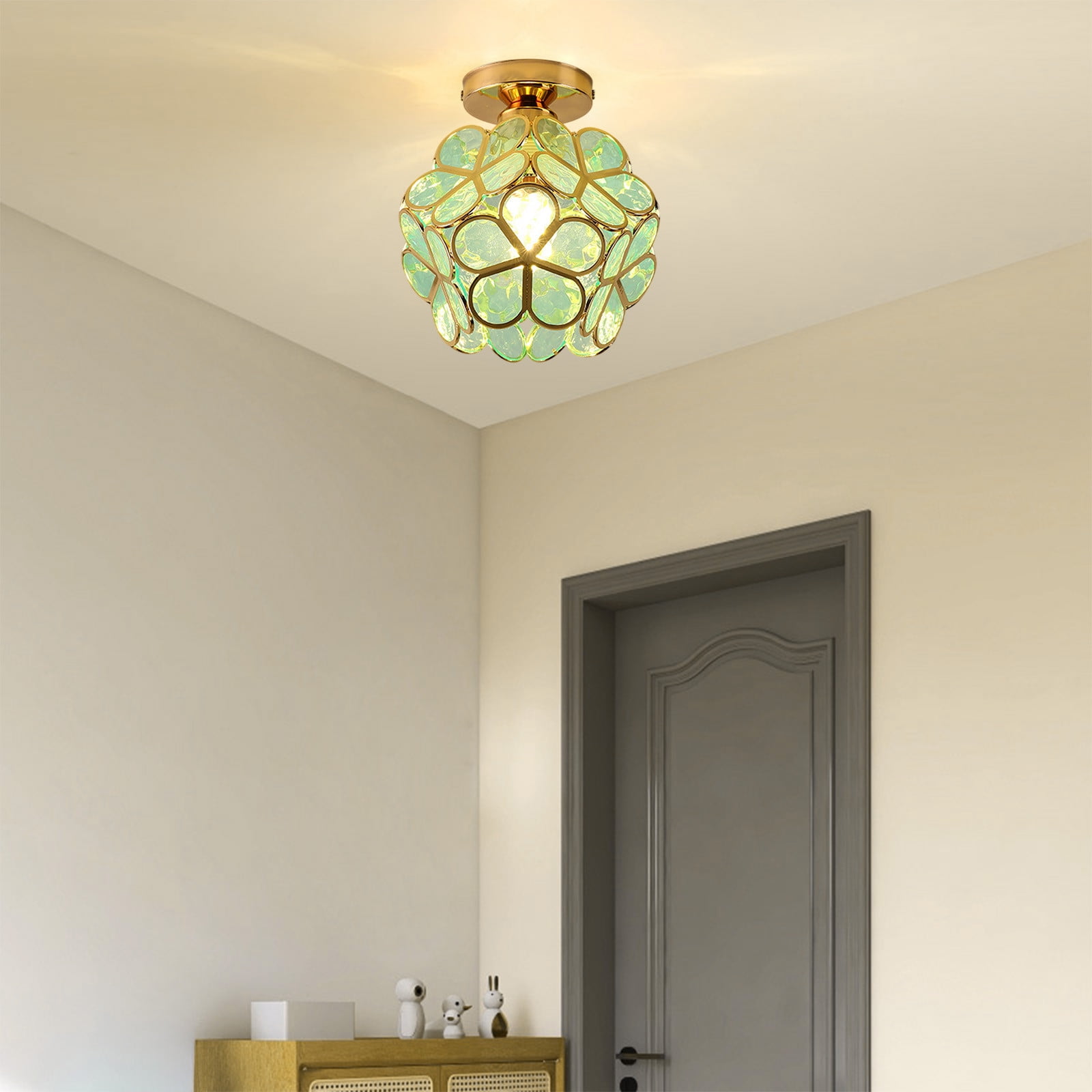 Ceiling Light, Modern Japanese Scandinavian Entryway Light, PVC Crystal Foyer Balcony Corridor Aisle Fixture Easy Installation Warm Lighting, Green