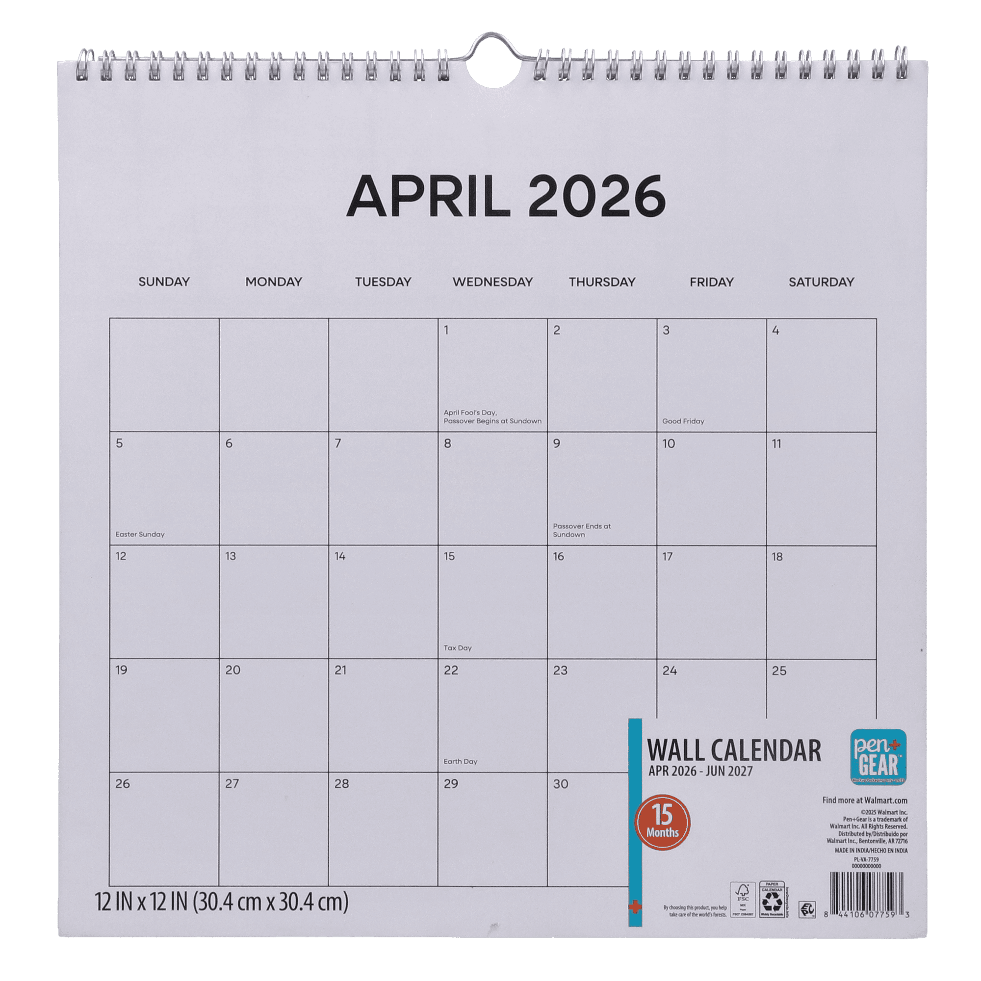 Pen+Gear 15-Month Spiral-Bound Wall Calendar 12" x 12"