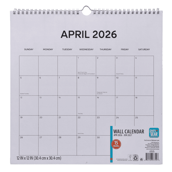Pen+Gear 15-Month Spiral-Bound Wall Calendar 12" x 12"