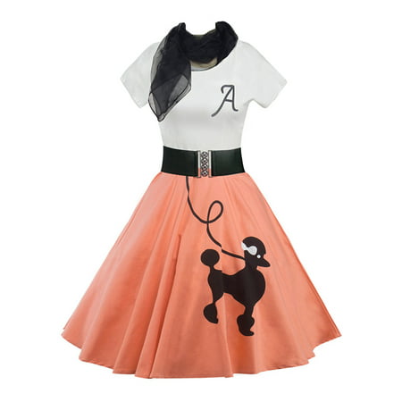 LUXUR Casual Short Sleeve Women Poodle Printed Vintage Rockabilly Swing Bandage Dress 50's 60's Belted Dress with Scarf