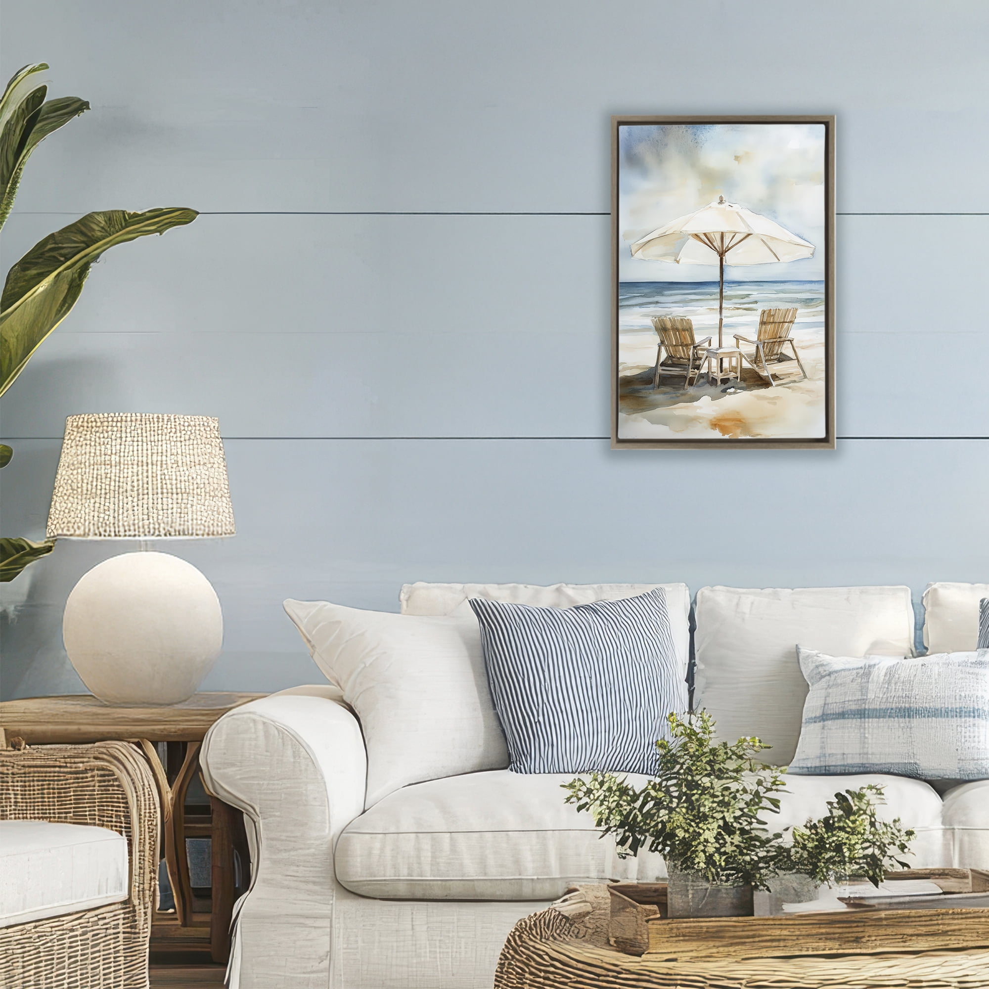 Stupell Industries Watercolor Paradise Beach Scene Brown Framed Floater Canvas Wall Art, design by Petal Prints Design