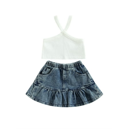 

Ma&Baby Kids Toddler Baby Girls Clothes Summer Outfit Solid Color Tank Top Vest+Denim Skirt Set