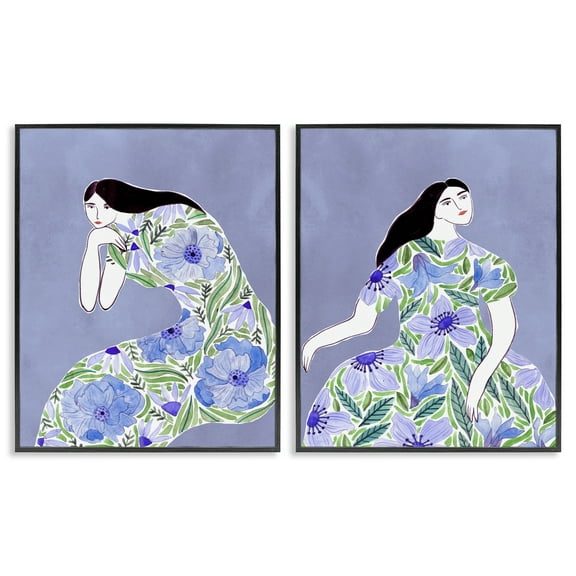 Stupell Industries Floral Women on Purple People Painting Black Framed Art Print Wall Art, 11 x 14, Set of 2