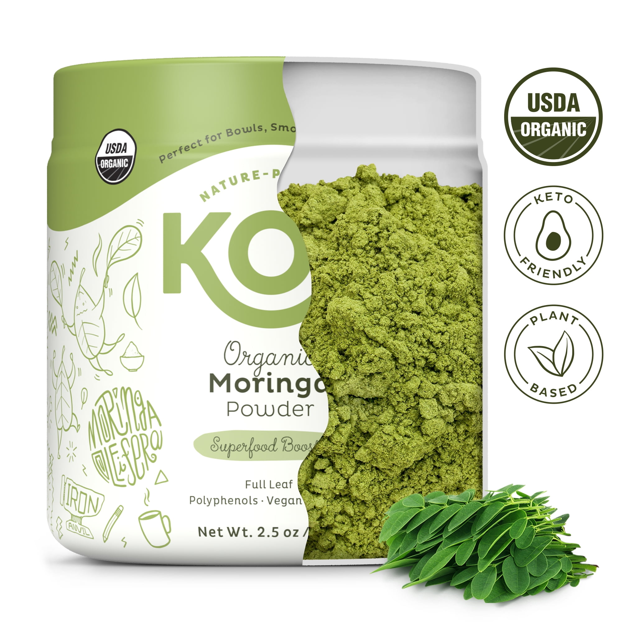 KOS Organic Moringa Powder - Vegan Superfood Booster, Gluten Free, Non GMO - 2.5 oz, 20 Servings