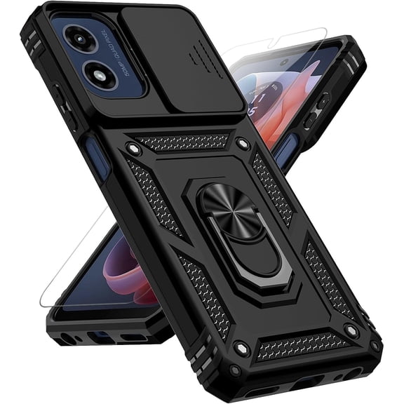 for Motorola Moto G Play 2024 Case with Slide Camera Cover HD Screen Protector [Military Grade Drop Tested] Magnetic Ring Holder Kickstand Protective Phone Case for Moto G Play 4G 2024, Black