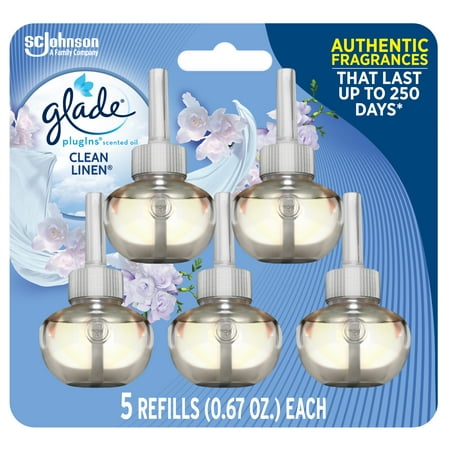 Glade PlugIns Refill 5 CT, Clean Linen, 3.35 FL. OZ. Total, Scented Oil Air Freshener Infused with Essential Oils