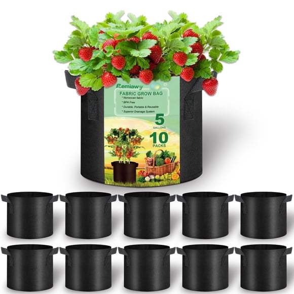 Remiawy Grow Bags, 10 Pack 5 Gallon Aeration Fabric Pots with Handles Reusable Heavy Duty Thickened Nonwoven Indoor Outdoor Garden
