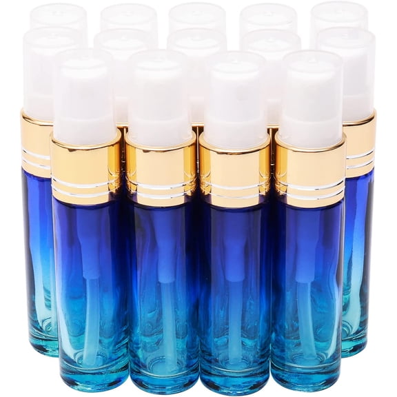 Blue Gradient Color Spray Bottles Glass Vials Tube Perfume Atomizer Refillable Makeup Travel Fine Mist Sprayer Bottle Containers for Cosmetic Skincare, Gold Cap 14Pcs 10ml (1/3 oz)