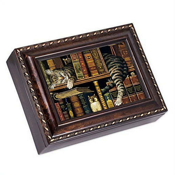 Sleeping Cat On a Bookshelf Burlwood Rope Trim Jewelry Music Box Plays Canon In D