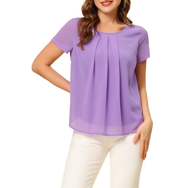 INSPIRE CHIC Women's Short Sleeve Pleated Front Summer Chiffon Blouse Tops M Violet