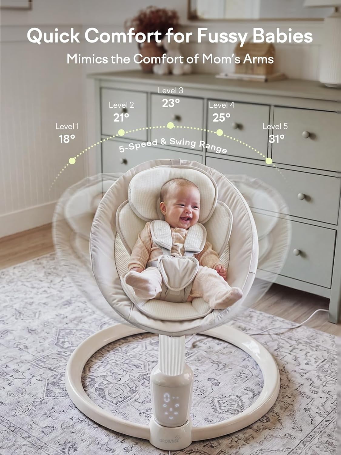 Grownsy Baby Play Swing, Smart Portable High View Swing with Music, Lightweight Foldable 360° Rotating Entertainment Chair Classic Oat - Only For Awake Babies Under Adult Supervision