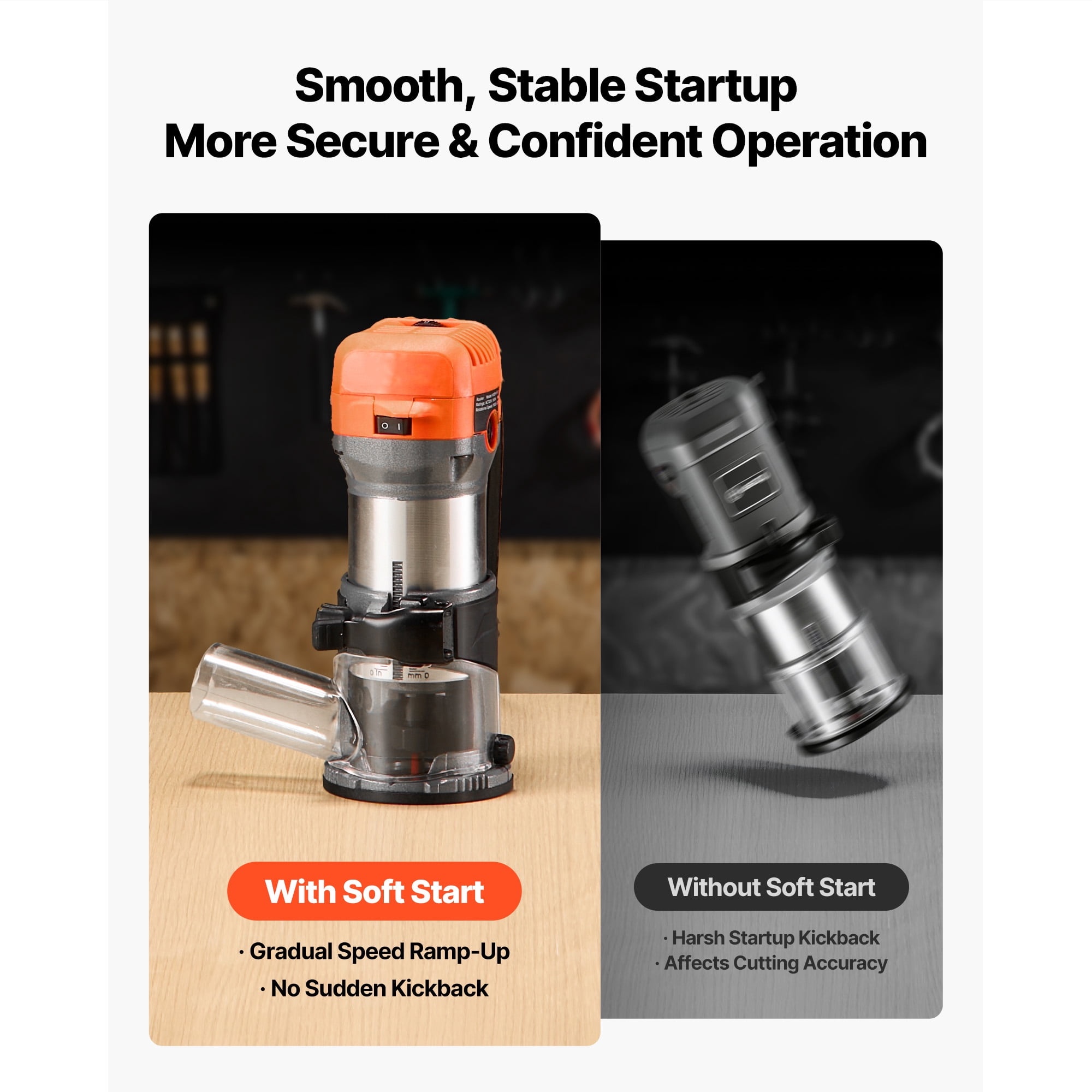 KFFKFF Compact Wood Router, 1 HP 710W, Adjustable Speed Palm Router Tool with Smooth Start, Fixed Base & 1/4-Inch Collet, Dust Cover, Ideal for Woodworking, Edging, DIY Tasks, Corded